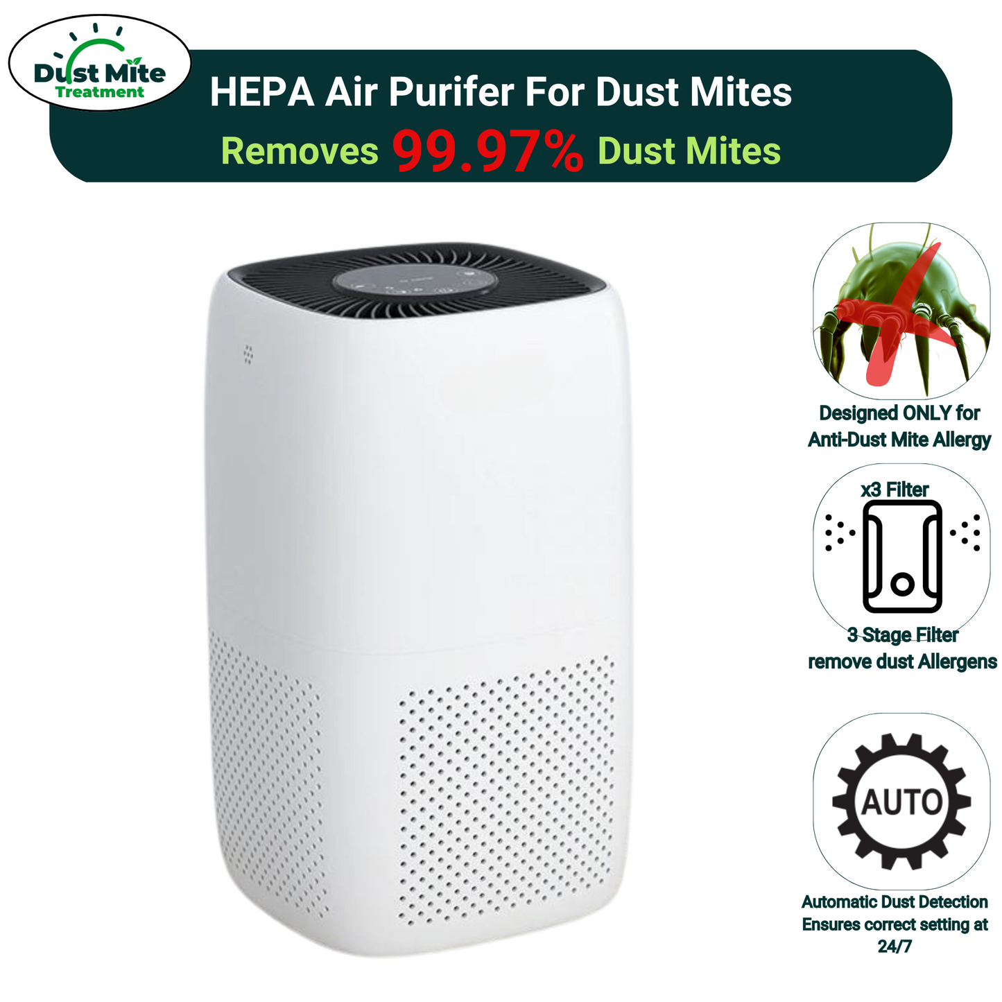 Anti Dust Mite HEPA Air Purifier |  Remove 100% Dust Allergy